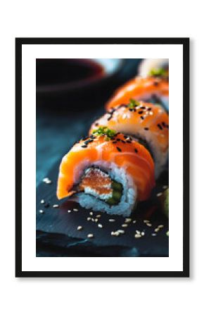 Sushi poster design. grace. realism. Photographic quality.