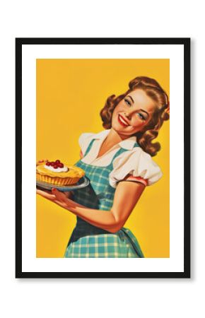 Minimalistic retro 1950's postcard of smiling woman housewife in blue dress with pie in her hands