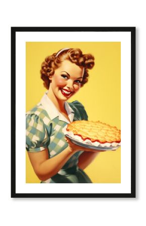 Minimalistic retro 1950's postcard of housewife woman smiling in blue dress and brown hair with pie in her hands on yellow background