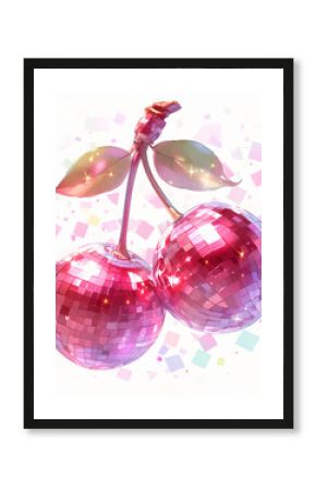 Cherry disco mirror ball. Funky groovy illustration. Y2K aesthetic retro poster design