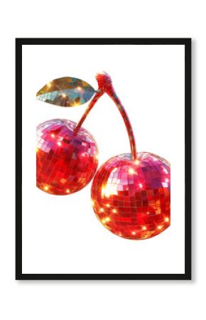 Cherry disco mirror ball. Funky groovy illustration. Isolated on white background. Y2K aesthetic retro poster design