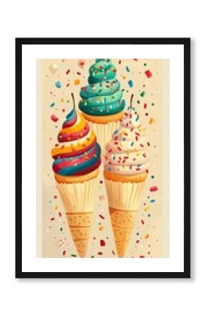 Three colorful ice cream cones with sprinkles illustration, retro-style dessert poster design, sweet food concept