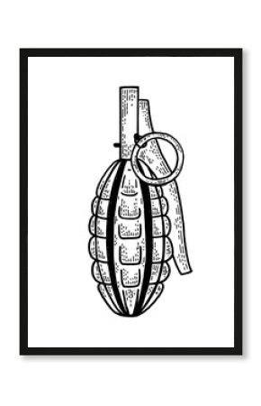 Hand grenade bomb sketch engraving PNG illustration. T-shirt apparel print design. Scratch board style imitation. Black and white hand drawn image.