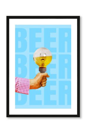 Male hand holding lightbulb filled with bubbled lager beer against blue background wit words beer. Contemporary art collage. Concept of alcohol drink, surrealism, celebration, creativity