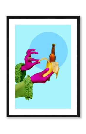 Brown beer bottle and a peeled banana held by brightly colored hands against a light blue background. Contemporary art collage. Concept of alcohol drink, surrealism, celebration, creativity