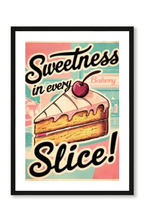 The image shows a vintage-style poster of a slice of cake with icing and a cherry on top. The text reads, "Sweetness in every Slice!" and "Bakery," evoking a nostalgic and appetizing bakery advertisem