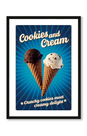 A vintage-style poster for "Cookies and Cream" ice cream. Text "Crunchy cookies meet creamy delight," with illustration of two waffle cones: one with chocolate ice cream and one with cookies and cream