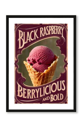 A a vintage-style poster for "Black Raspberry" ice cream. Text "Berrylicious and Bold" Illustration of a scoop of black raspberry ice cream in a waffle cone, set against a classic, ornate background.