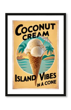 A vintage-style poster for "Coconut Cream" ice cream. Text "Island Vibes in a Cone" Illustration of a scoop of coconut ice cream in a waffle cone, set against a tropical-themed background.