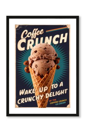 A retro-style poster featuring a waffle cone with two scoops of coffee crunch ice cream. The background is teal with a starburst design. Text  "COFFEE CRUNCH WAKE UP TO A CRUNCHY DELIGHT."