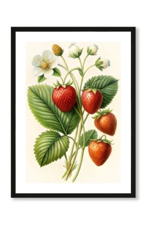 A detailed botanical illustration of strawberries and white blossoms with lush green leaves in a vintage style. Ideal for botanical prints, kitchen decor, and educational materials.