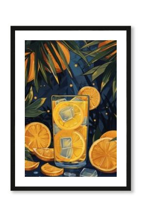 Refreshing orange juice with ice cubes in a retro poster style