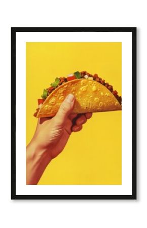 A hand holding an open taco against a bright yellow background, in the 90s advertising poster style, in the magazine ad style, with a retro vibe, using vintage colors, for a food advertisement