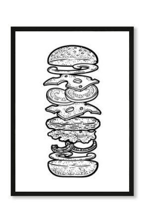 components of hamburger sketch engraving PNG illustration. T-shirt apparel print design. Scratch board imitation. Black and white hand drawn image.