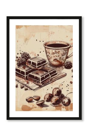 Vintage illustration with a cup of coffee, chocolate and berries
