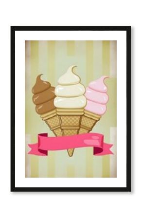 Retro trio ice cream cones flyer with a pink ribbon banner, soft serve vanilla strawberry chocolate, on a vintage grunge yellow and white striped background, shop cafe poster, copy space, flat design 