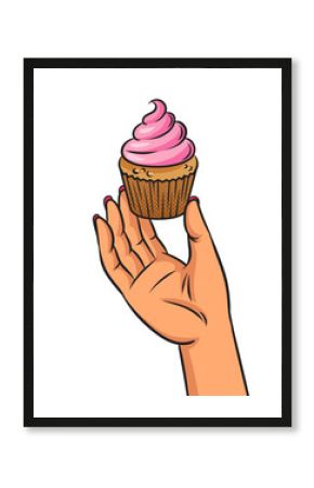 delicious sweet cupcake in female hand pinup pop art retro PNG illustration. Comic book style imitation.