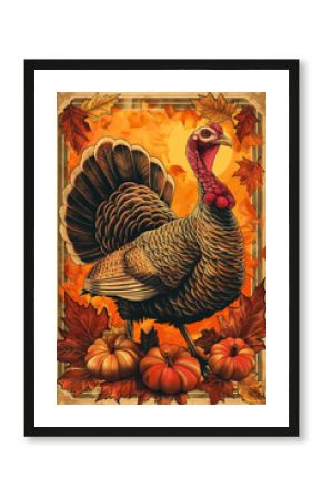 A vintage poster illustration celebrating Thanksgiving with deep orange and brown hues featuring a rustic turkey and autumn leaves 