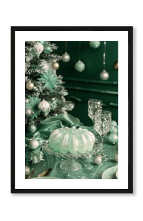 Vintage retro mint green Christmas tablescape jelly dessert luxurious festive elegant holiday setting with crystal glassware candles ornaments winter holiday theme classy dinner party concept post