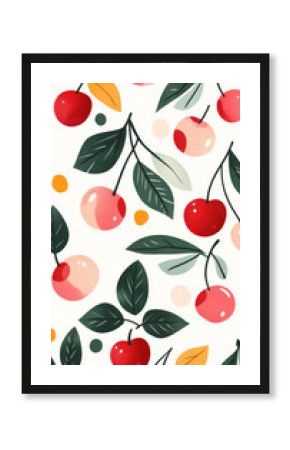 Design an illustration of cherries and leaves in a retro style, with cherries dropped on the ground. The background is white.