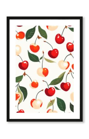 Design an illustration of cherries and leaves in a retro style, with cherries dropped on the ground. The background is white.