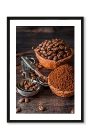 Ceramic bowl with coffee beans and ground coffee