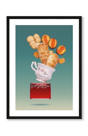 Sweet Dessert. Retro poster with various pastry and cup. 