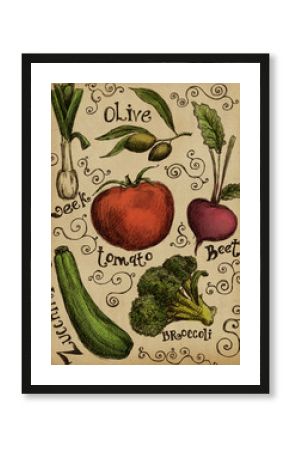 Set of different hand drawn fruits and vegetables. Art print for cafe or restaurant