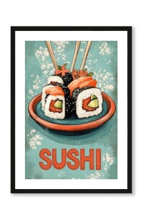 Sushi rolls on a plate, with chopsticks and flowers