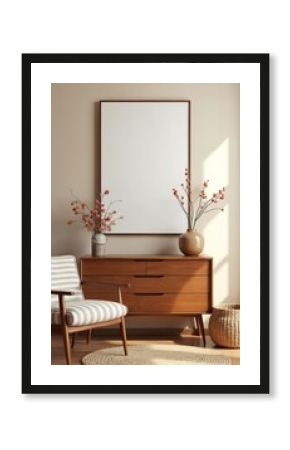 Modern living room interior with mockup poster frame on the wall. Wooden retro commode, chair, etno basket with flower and elegant accessories. Japandi style. Template for home staging.