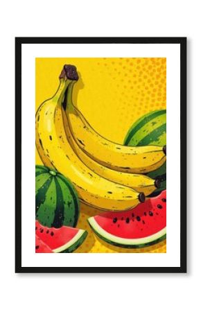 Juicy bananas watermelons vibrant pop art style with bold colors and a