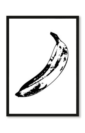 Black and white illustration of an overripe banana. Banana with damage, with characteristic dark spots on the peel. Suitable for use in design, prints, posters and concept art.