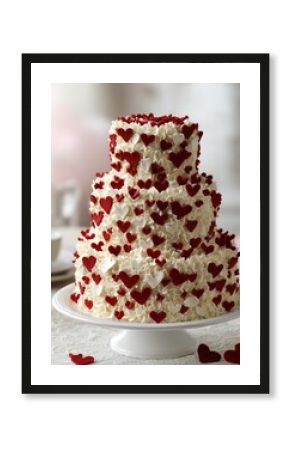 towering white buttercream cake its surface adorned with riot of crimson hearts sat majestically on white plate against softly blurred backdrop testament to the joy and sweetness of special occasion
