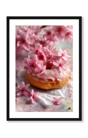 delicate donut adorned with pink cherry blossoms its glaze shimmering under the soft light dreamy aesthetic inviting the viewer to savor the sweet and floral springtime treat
