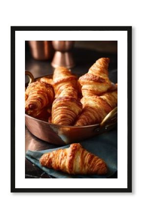 Golden flaky croissants layered like sunbeams nestled in copper pan radiating warmth and tempting golden aura pastry presentation fit for royalty