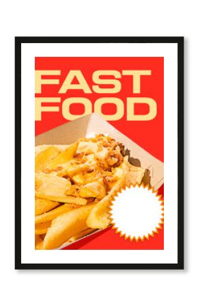 Cheesy French fries topped with crispy onions served in cardboard container on vivid red background. Conceptual design. Concept of food, pop art, celebration, creativity, poster, ad
