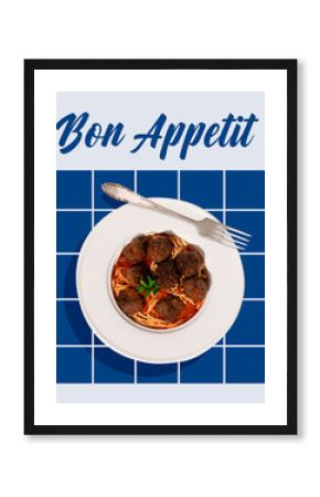 Plate of spaghetti pasta topped with tomato sauce and meatballs placed on elegant tiled background. Conceptual design. Concept of food, pop art, celebration, creativity, poster, ad
