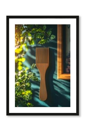 Vintage wooden comb on the wall and industrial wall lamp