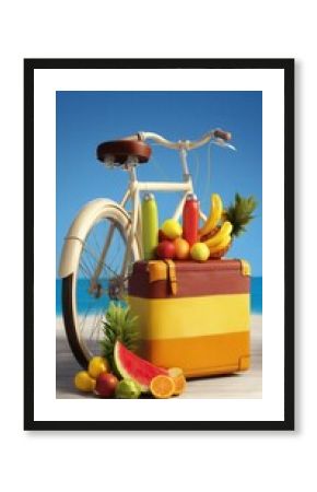 Vintage bike with a basket of fresh fruit and a suitcase on a sunny street during daytime.