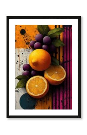 Citrus fruit with grapes, and abstract art.