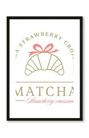 Matcha strawberry croissant lovers organic fruit green tea flavor pastry dessert girls shirt design. Girly coquette retro fancy aesthetic Japanese French pastries illustration transparent background.