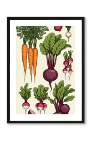 Vintage Botanical Illustration of Root Vegetables Including Beets, Carrots, Turnips