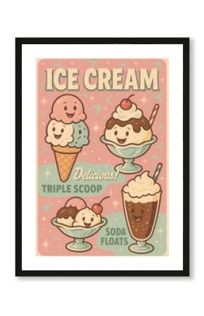 Retro 1960s Ice Cream Poster with Cute Cartoon Characters - Triple Scoop Cone, Sundaes, Soda Floats, Pastel Colors, Vintage Dessert Art, Mid-Century Diner Style