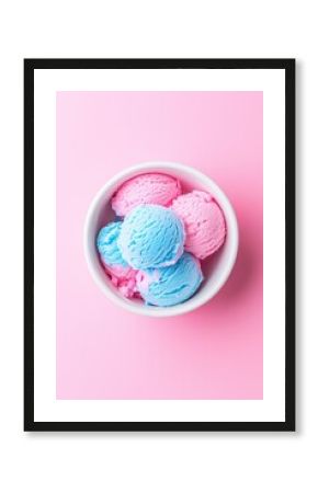 Pink and blue ice cream scoops with colorful sprinkles in white ceramic bowl on pink background. Summer dessert and sweet treat concept. Image for confectionery menu. Banner with copy space