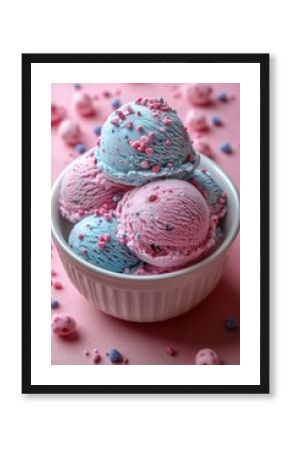 Pink and blue ice cream scoops with colorful sprinkles in white ceramic bowl on pink background. Summer dessert and sweet treat concept. Image for confectionery menu. Banner with copy space