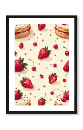 Cute retro cake pattern, strawberry & cherry details Nostalgic, hand-drawn, coquette style , poster, strawberry, cake