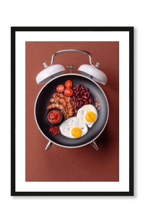 Breakfast of fried eggs with bacon or sausage and vegetables. ? plate on a vintage alarm clock