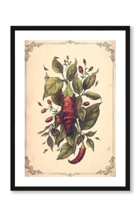 Chili pepper plant botanical illustration with red peppers and green leaves framing vintage element. Kitchen poster art for spicy food and cooking concepts.