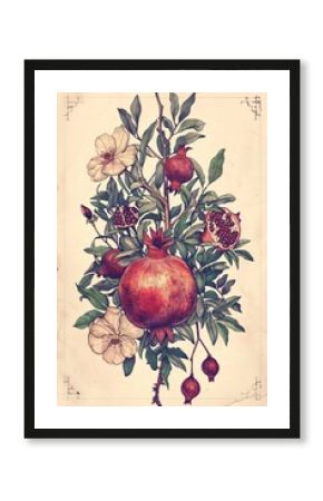 Pomegranate fruit and flower blossom branch vintage botanical illustration detailed watercolor and ink drawing for kitchen wall art poster food decor design element pattern.