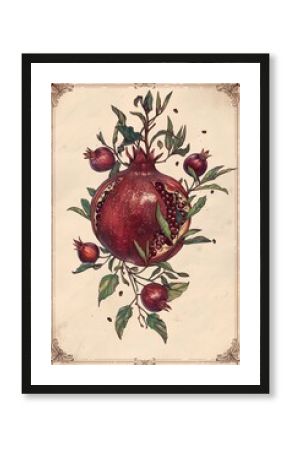 Vintage botanical illustration of a ripe red pomegranate with seeds on branches and leaves. Traditional drawing style with textured paper for kitchen poster, wall art, or food decoration.